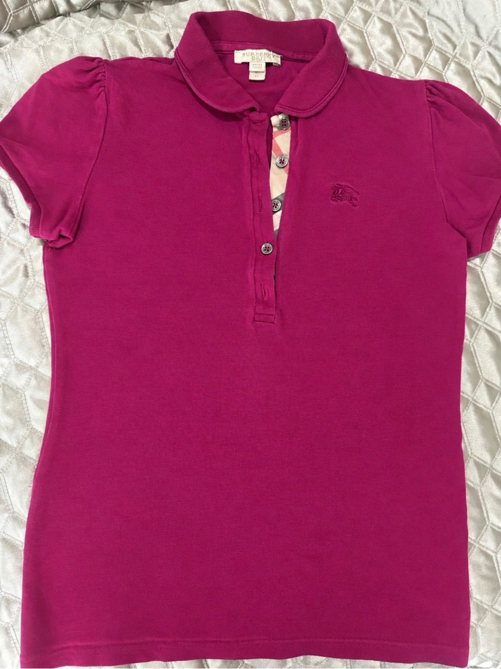 Authentic Burberry Brit Magenta Cotton Pique Puff Sleeve Polo T-Shirt